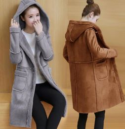 2019 Winter Women Faux Lambs Wool Sheepskin Hooded Coat Female Medium Long Shearling Coats Faux Suede Leather Jackets T2009116223056