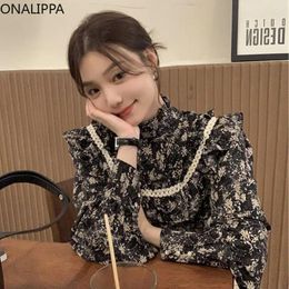 Women's Blouses Onalippa Vintage Ruffles Floral Loose Women Tops Contrast Patchwork Stand Collar Shirts French Style All Match Blouse