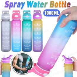 Water Bottles 1000ml Motivational Bottle With Time Marker Spray Straw Drinking Gradient For Outdoor Hydration