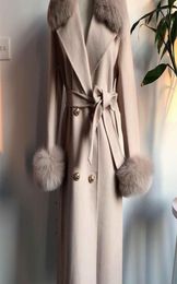 Women Cashmere Coat con colletto di pelliccia di volpe vera e polsino di alta qualità con la cintura LJ2011286018712