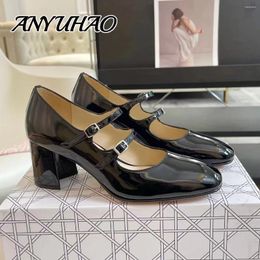 Dress Shoes Retro Patent Leather Buckle-Strap Round-Toe Chunky Heel Woman Pumps Red Color Mary Janes Mules Banquet Bota Feminina