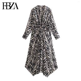 Casual Dresses FBZA Women Fashion Spring Long Sleeve V-neck Loose Retro Animal Printed Silk Satin Dress France Chic Female Evening Mujer