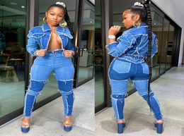 Women039s Tracksuits Blue Denim Two Piece Set Jeans Suit For Women Long Sleeve Jacket Crop Top Pants 2 Club Outfits Matching 5337626