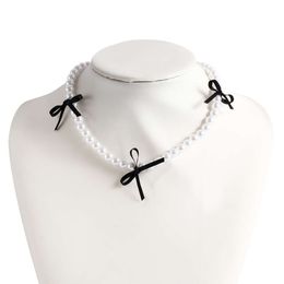 niche light Jewelry imitation pearl sweet cool black ribbon bow collarbone chain necklace decoration