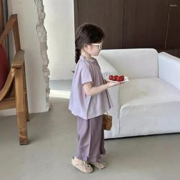 Clothing Sets Girl Clothes Suit 2024 Summer Korean Children Girls Stand Collar Cotton Shirt Baby Wide Top Lace Wide-leg Pants 2-piece Set