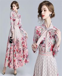 Spring Summer Fall Runway Letter Floral Print Collar Ribbon Tie Neck Long Sleeve Women Party Casual Empire Waist Maxi Dress LJ20087407698