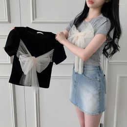 Women's Blouses Sweet Girl Mesh Lace-up Bow T-shirt For Summer O-neck Short-sleeved Patchwork Elastic Cotton Top Female Clothes