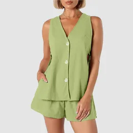 Women's Tracksuits Two Piece Set Women Sexy Sleeveless V-neck Single Breasted Vest Tops Short Sets 2024 Summer Casual Matching Vintage Green