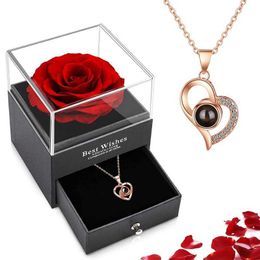 Pendant Necklaces Projection Necklace Set With Rose Gift Box Languages I Love You Heart Pendant Jewellery 2023 Hot Sale Accessories Dropshipping Q240525