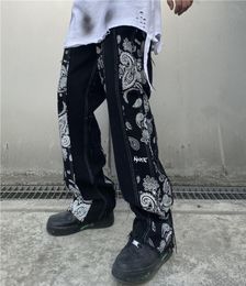 Cashew Print Patchwork Jeans Pants Men and Women Streetwear Straight Washed Harajuku Denim Trousers Loose Ripped Jeans for Men K715010148