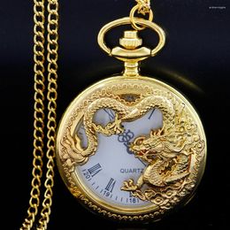 Pocket Watches Luxury Gold Chinese Flying Dragon Hollow Quartz Watch Men's Necklace Pendant Clock Women's Jewellery Accessories Gift