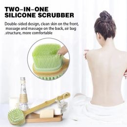 Silicone Brush Head Back Scrubber Shower Brush With Wooden Skin Long Body Exfoliating Tool Massage Dry Cleaning Handle O7E5