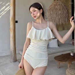 Women's Swimwear 2024 Korean Version Solid Color One Piece Swimsuit With Feminine Ruffle Edge Strap Bikini Spring Girl Beach