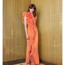 Party Dresses Elegant Gorgeous Orange Evening Ruffles Split Graceful Custom Made Floor Length Gown