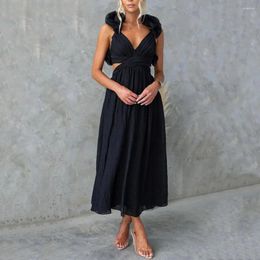 Casual Dresses Slim Waist Dress Elegant Lace-up Maxi With Ruffle Pleated Cross Back Design Women's Ankle Length Prom Party Evening Gown