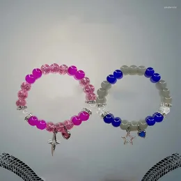 Strand 2Pcs/Set Fashion Pink Blue Beads Couple Bracelet For Women Simple Metal Hollow Star Charm Y2k Aesthetics Jewellery Gift
