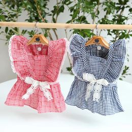 Dog Apparel Ruffle Sleeve Lace Grid Skirt Dress Pet Products Summer Cotton Clothing For Dogs Cats Chihuahua Teddy Clothes