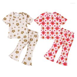 Clothing Sets Kids Girls Summer Outfits Strawberry Floral Print Short Sleeves T-Shirts And Elastic Flare Pants Cute Children 2 Piece Clothes