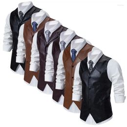 Men's Vests 2024 Men Business Social Faux Leather Suit Vest Classic Black Single Breasted Retro Motorcycle Waistcoat