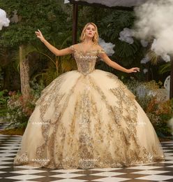 Champagne Puffy Mexican Quinceanera Dresses Ball Gown Off The Shoulder Tulle Appliques Beaded Charro Sweet 16 Dresses 15 Anos