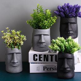 Plants Decor Head Flowerpot Succulent Bowl Moai Head Planter Face Flower Vase Resin Moai Flower Pot Succulent Pots Office