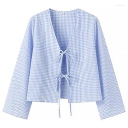 Women's Blouses YENKYE Lace Up Blue Plaid Shirt Women Long Sleeve V Neck Casual Loose Short Blouse Summer Tops Blusas Mujer