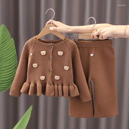 Clothing Sets Childern Baby Set Winter Autumn Cute Bear Knitted Split Suit Contrast Cardigan Bottoms Casual Girl's Two-piece