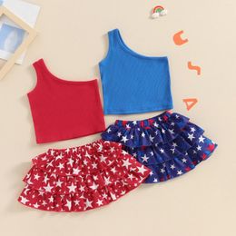 Clothing Sets Summer Independence Day Kids Toddler Girls Outfits Solid Colour Sleeveless Tops Stars Print Ruffles Skirts Clothes Set