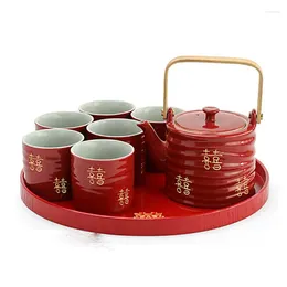 Teaware Sets Household Ceramics Tea Pot Set Teacup Teapot Customised Chinese Red Wedding Supplies Bride Gift Dowry Marriage Celebration