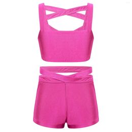 Clothing Sets Kids Girls Strappy Cross Ballet Leotard Sports Crop Top Shorts Activewear Set For Dance Stage Performance Workout Clothes