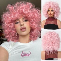 Afro Kinky Curly Bomb Synthetic Wigs with Bangs Peach Pink Full Fluffy Wig for Black Women Brazilian Party Use Heat Resistant