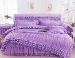 Pink Beige Purple Lace Princess Bedding set King Queen Size 4pcs Ruffles Bedspread Bed Skirt Wedding Duvet Cover Bed SheetLinen P1960205