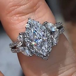 Wholesale Size 6-10 Fashion Bang ring Marquise Cut Diamond Real S925 Sterling Silver Wedding Engegement rings Anniversary Band Jewelry Avlso
