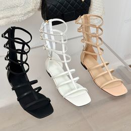 Luxury Ladies Lambskin Designer Bohemian Cover Heel Gladiator Sandals Flat Heel Skinny Strap Ankle Boots Summer Sides With Zipper Open Toes Dress Shoe For Vacation