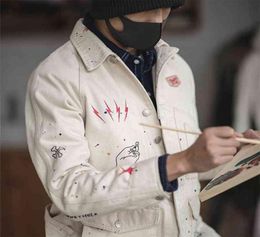 Grafiti Jackets For Men Print White Denim Pocket Jacket Vintage Casual Coat Cotton Solid Slim Jackets Tops 2108213318493