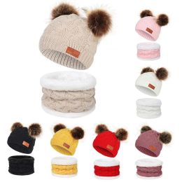 Girls Boys Knit Cap Warm Fur-Ball Baby Winter Knit Hat Children Hats Caps Scarf