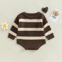 Toddler Baby Knit Rompers Sweater Contrast Colors Striped Round Neck Long Sleeve Jumpsuit for Newborn Girl Boy