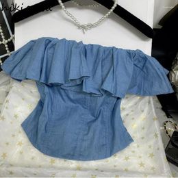 Women's Blouses Crop Tops Korean Fashion Blouse For Women Slash Neck Off Shoulder Tunic Shirts Sweet Ruffles Summer 2024 Blusas De Mujer