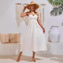 Casual Dresses Elegant Solid Colour A-line Dress For Women Neck-mounted Sexy Female Sleeveless And Bare Shoulders Summer Vestidos