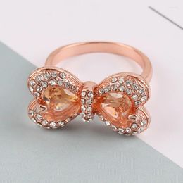 Cluster Rings Charming Rhinestone Bow Shape Design White Glass Filled Embellished Rose Gold Colour Wedding For Female Band Gift
