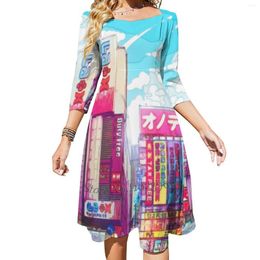 Casual Dresses Tokyo Akihabara Square Neck Dress Cute Loose Print Beach Party City Japan Harajuku