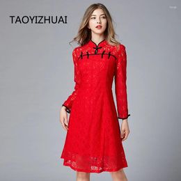 Casual Dresses TAOYIZHUAI Autumn Arrival Chinese Style Cheongsam Lace Dress Large Size Turn Collar Button Red Color Festival Party