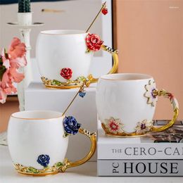 Mugs European Style Ceramic Colour Enamel Coffee Mug With Spoon Office Flower Teacup Creative Porcelain Couple Breakfast Milk Cup