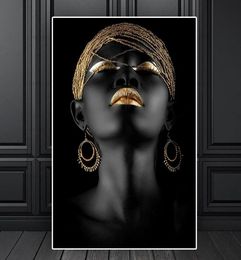 Modern Style African Woman Paintings on Canvas Golden Black Scandinavian Wall Art Poster and Print for Living Room Decor9895783