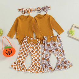 Clothing Sets 3PCS Infant Baby Girls Clothes Halloween Costume Ribbed Long Sleeve Romper Pumpkin Print Flare Pants Headband Set Fall Outfits