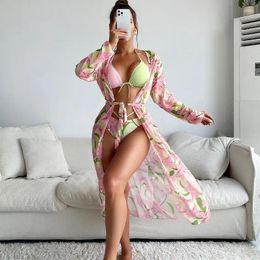 Women's Swimwear Women Floral Printed High Waist Swimsuits Long Sleeve Cover Up Print Three Pieces Summer Bikini SetBathing Suit Female