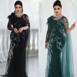 Party Dresses Green Formal Evening Dress With Cape Saudi Arabic Women Flower Draped Applique Square Collar Black Prom Gown Long Robe