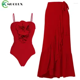 Women's Swimwear MUOLUX 2024 Swimsuit Detachable 3D Flower Red One Piece And Skirt Vacation Women Bikinis Bathing Suit
