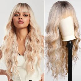 Long Water Wave Synthetic Wigs with Bangs White Blonde Platinum Wig Black Root Ombre Loose Curly Hair for Women Daily Cosplay