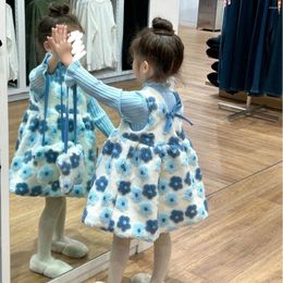 Clothing Sets Children 2024 Winter Girl Ear Edge Sweater Flower Plush Vest Skirt Two-piece Set Baby Trendy